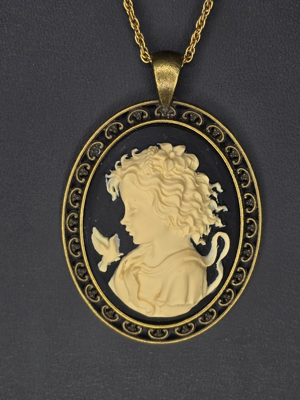 Antique-Style Brass Tone Cameo Pendant Necklace with Cream Relief